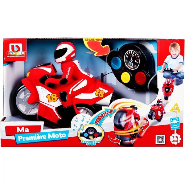 BB JUNIOR - MOTO FIRST RC - MOTO AVEC PILOTE ET TELECOMMANDE GUIDON - COURSE ROUGE ET COURSE BLEUE