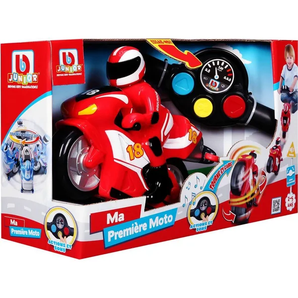 BB JUNIOR - MOTO FIRST RC - MOTO AVEC PILOTE ET TELECOMMANDE GUIDON - COURSE ROUGE ET COURSE BLEUE