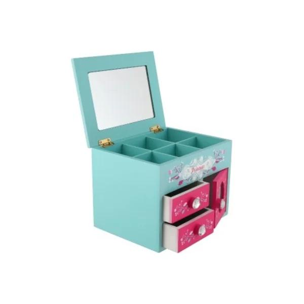 Boîte à bijoux Princess 3 tiroirs dessus rabattable avec miroir en bois