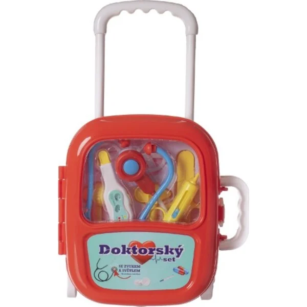 Ensemble docteur/médecin en plastique avec stéthoscope à piles dans une valise en plastique à roulet