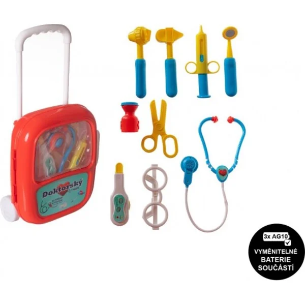 Ensemble docteur/médecin en plastique avec stéthoscope à piles dans une valise en plastique à roulet