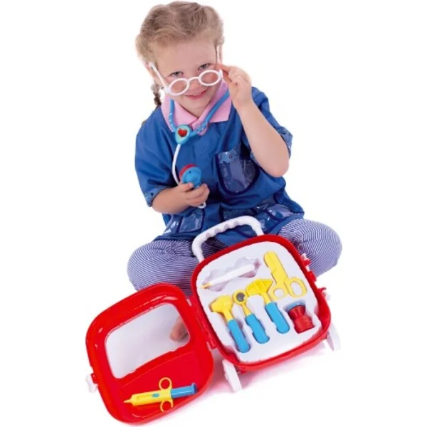 Ensemble docteur/médecin en plastique avec stéthoscope à piles dans une valise en plastique à roulet