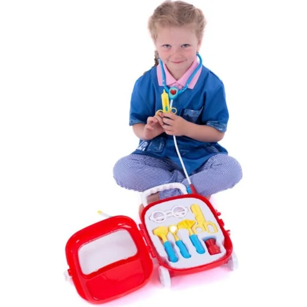 Ensemble docteur/médecin en plastique avec stéthoscope à piles dans une valise en plastique à roulet