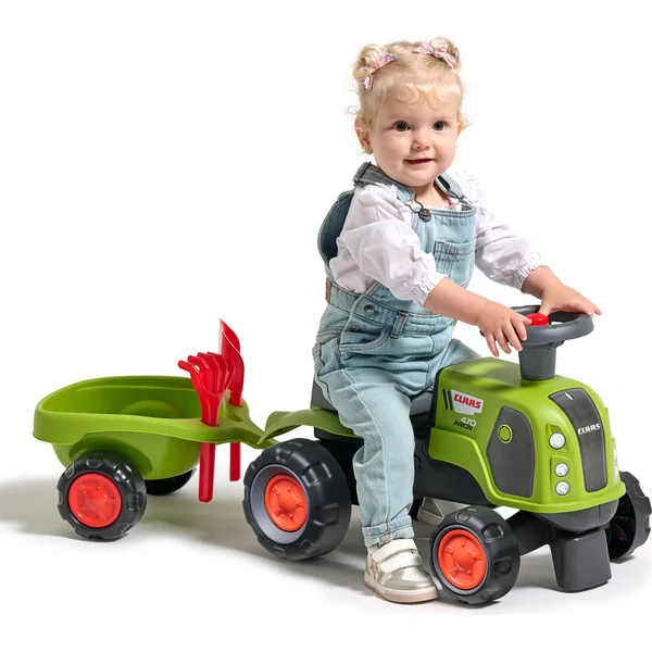 Falk Tracteur Baby Claas avec volant, klaxon, remorque, râteau et pelle