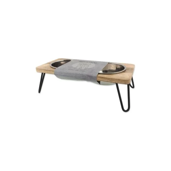 Gamelles Dog Fantasy en acier inoxydable avec support en bois, pieds en fer 2x850ml