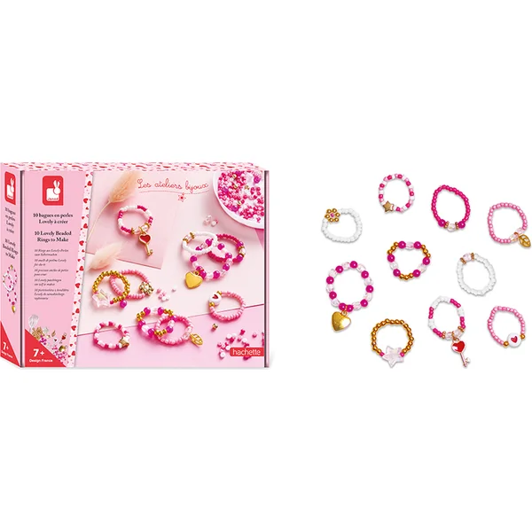 Janod Atelier Kit Créatif Fabrication de Bijoux Bagues Perles 10 pcs