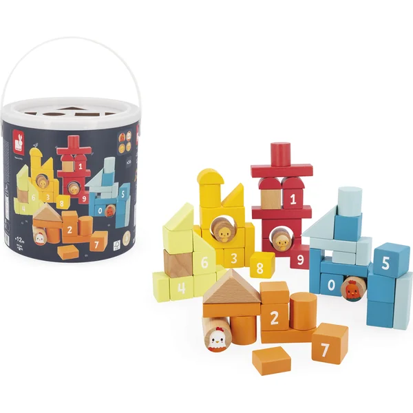 Janod Ferme Ensemble de blocs en bois dans un baril pratique 56 pcs