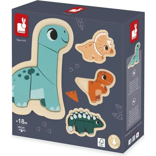 Janod Puzzle en bois à encastrer Dinosaures 4 en 1 Dino