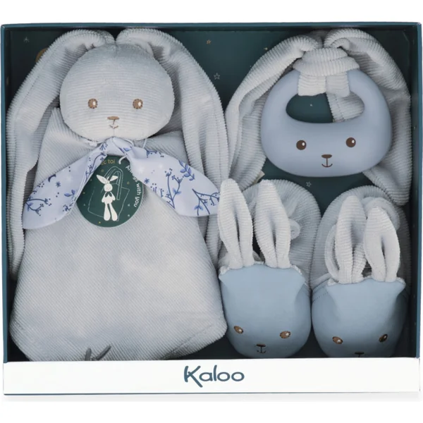 Kaloo Lapinoo Coffret cadeau pour bébé avec hochet, anneau de dentition et chaussons bleus