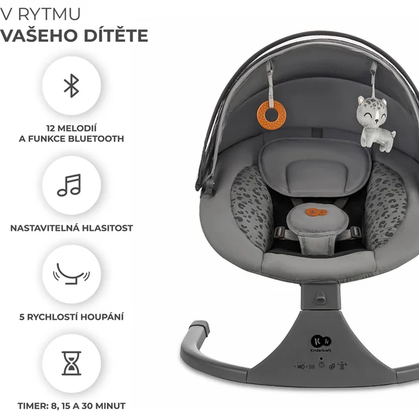 KINDERKRAFT Transat à bascule avec mélodie 2 en 1 Lumi, jusqu'à 9 kg, Premium Dark Grey