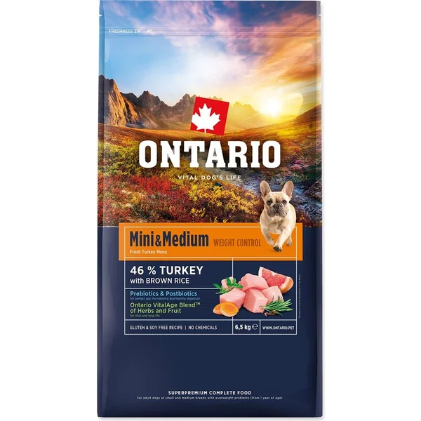 Nourriture Ontario Mini & Medium Contrôle du Poids Dinde & Riz Brun 6,5kg