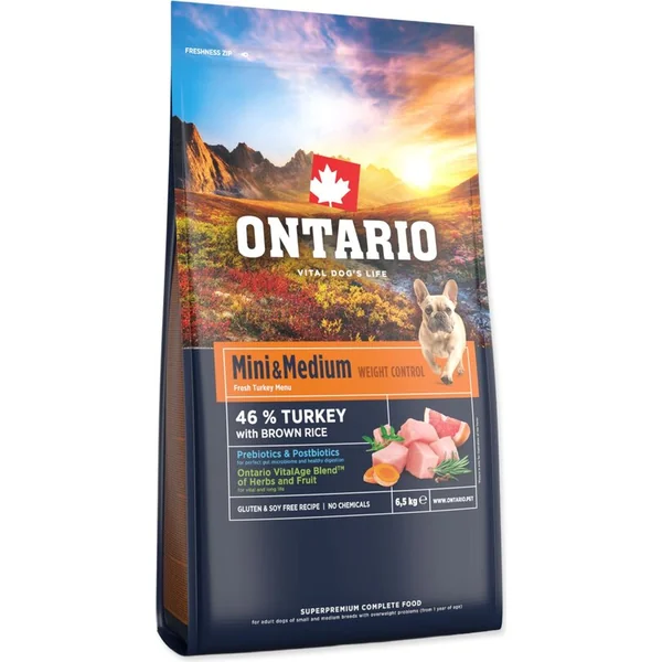 Nourriture Ontario Mini & Medium Contrôle du Poids Dinde & Riz Brun 6,5kg