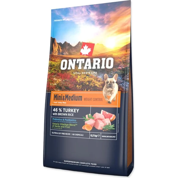 Nourriture Ontario Mini & Medium Contrôle du Poids Dinde & Riz Brun 6,5kg