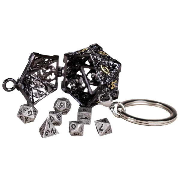 PORTE-CLE D20 AVEC LOT DE 7 MINI DES METAL 5MM DANS BOITE METAL