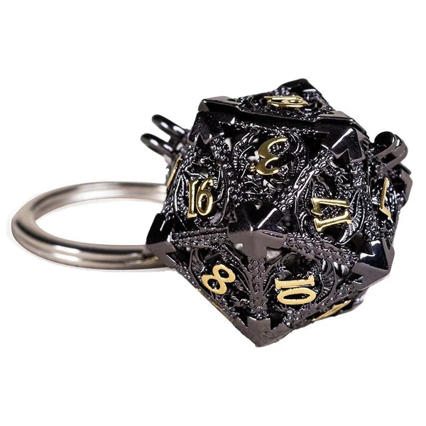 PORTE-CLE D20 AVEC LOT DE 7 MINI DES METAL 5MM DANS BOITE METAL