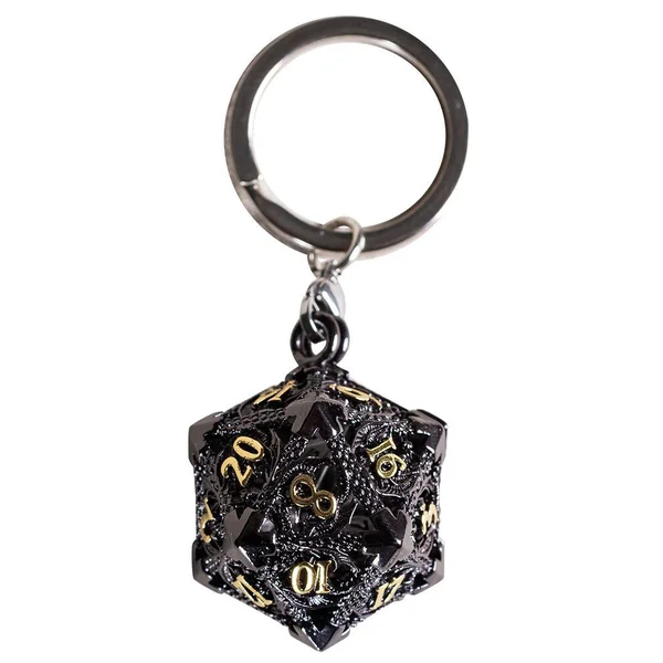 PORTE-CLE D20 AVEC LOT DE 7 MINI DES METAL 5MM DANS BOITE METAL