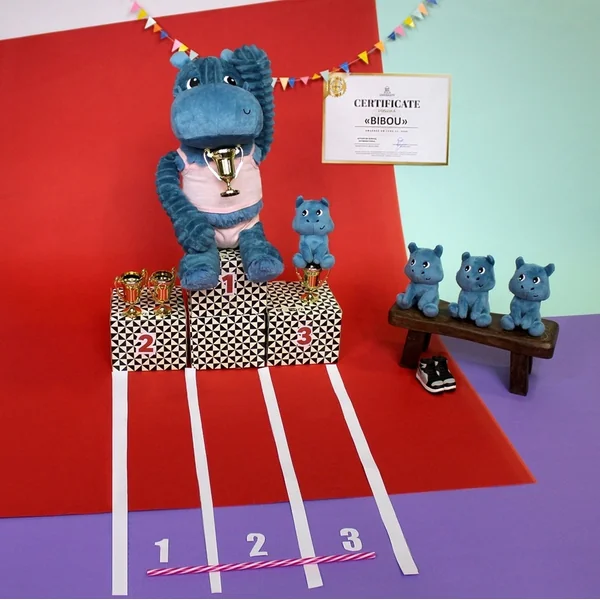 PTIPOTOS Hippopotame en peluche Bibou bleu – maman avec bébé