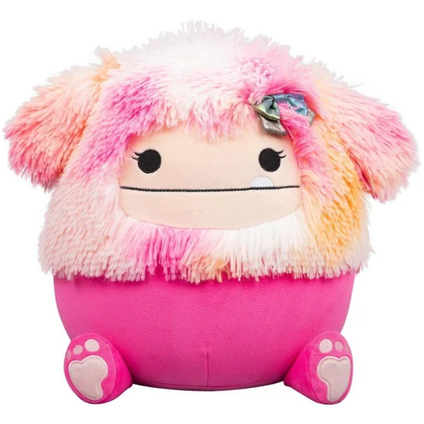 SQUISHMALLOWS - PELUCHE MOYENNE 30 CM - HAILEY - BIGFOOT ROSE VIF ET BLANC AVEC OREILLES DUVETEUSES, CILS ET NŒUD