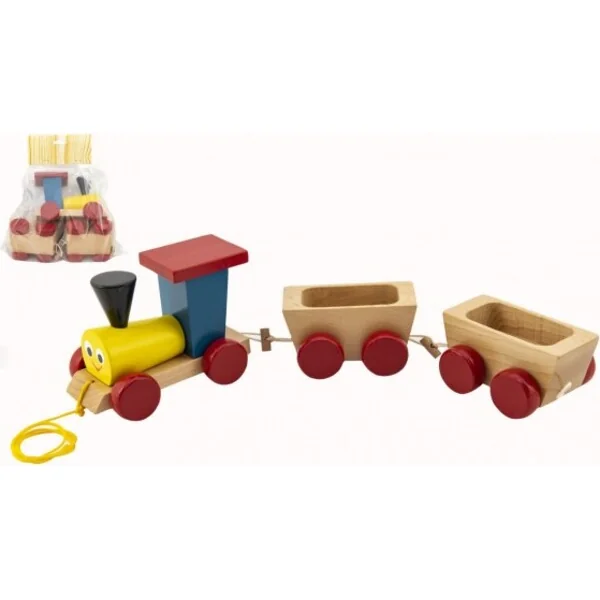 Train + 2 wagons en bois à tirer coloré longueur totale 43cm