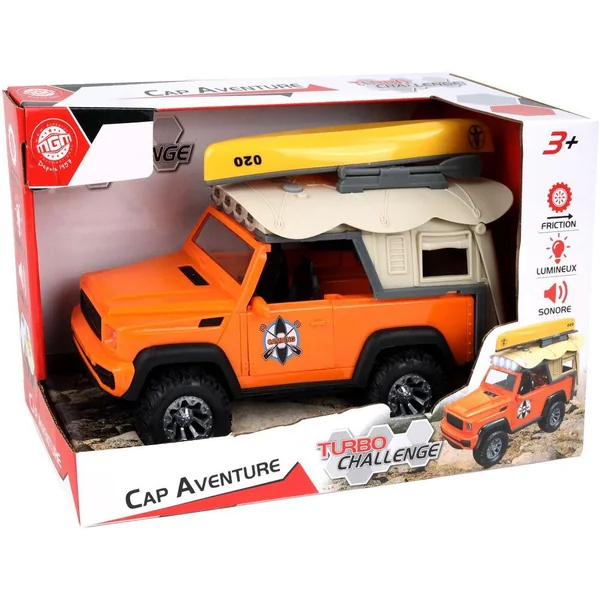 TURBO CHALLENGE - TOUT TERRAIN AVEC KAYAK - CAP AVENTURE -1:/16 - VOITURE FRICTION - ORANGE